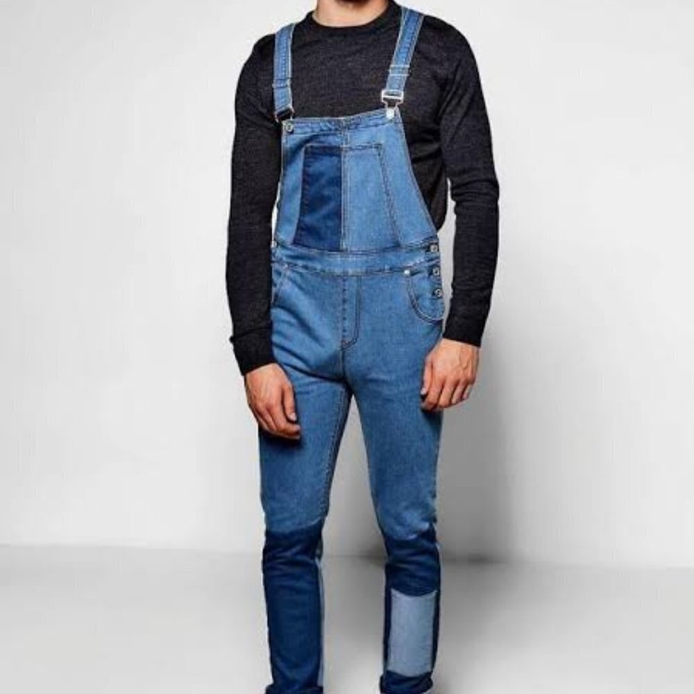 Boohoo Men's Mid Blue Slim Fit Patchwork Denim Dungarees -L